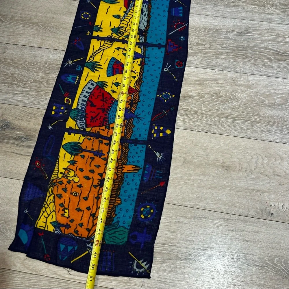 Colorful Novelty Print Scarf Teepee Indian Landscape Canoes Red Blue Multi 14x50